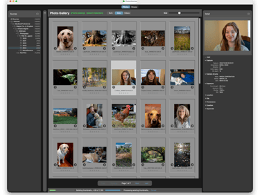 PhotoLibrarian macOS app interface: dark theme, source sidebar, photo grid, and EXIF data panel.