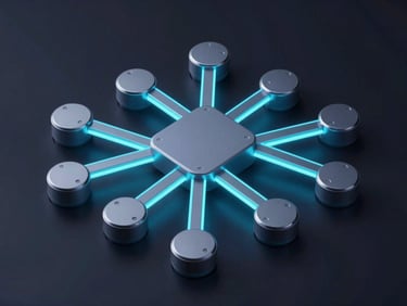 Isometric 3D illustration of a digital data pipeline on a dark background, cool neon-cyan and slate node connections, high contrast, sleek tech style