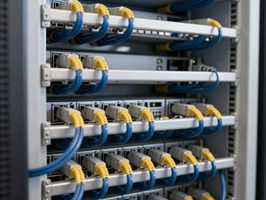 Macro shot of perfectly organized, color-coded structured cabling in a server rack, clean neutral white utility lighting, sharp focus, 35mm lens