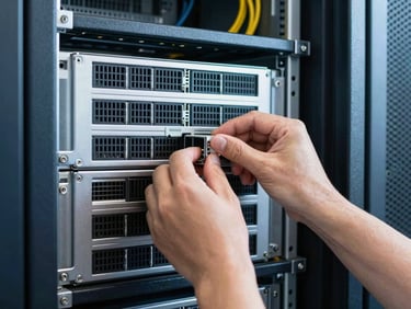 Hands of a technician installing a server into a rack, focused on the hardware, clean utility lighting, cool steel tones, sharp focus, 35mm lens