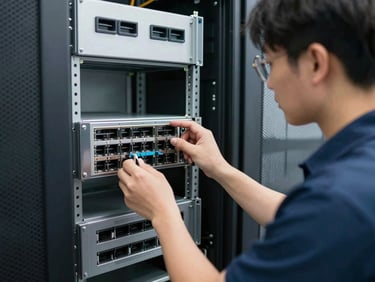 Technician working on a network switch in a clean server room, utility lighting, medium shot, cool steel tones, sharp focus, 35mm lens