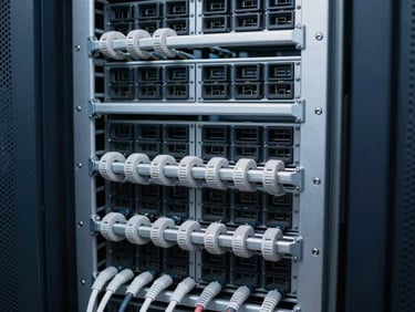 Close-up of neatly organized structured cabling in a server rack, cool steel tones, sharp focus, 35mm lens