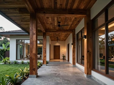 A bespoke modern villa in Assam, showcasing high ceilings, local timber columns, and large glass panes overlooking manicured lawns.