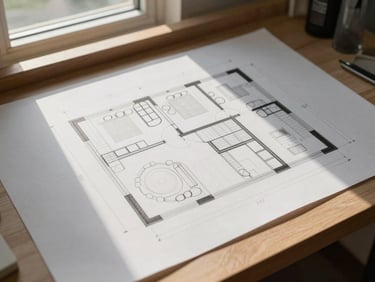 Overhead plan drawing of a kitchen layout on a drafting table — pencil lines, dimensions annotated, no digital rendering, natural window light