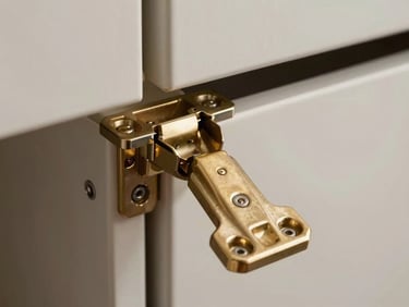Close-up of a cabinet hinge and door frame — precision-machined brass hardware, tight tolerances, shop lighting, no background clutter