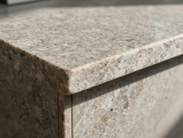 Close-up of a stone countertop edge — natural quartzite grain visible, eased edge profile, matte finish, north-facing daylight, no props