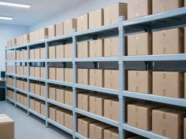 A clean modern fulfillment center in Indonesia, organized shelves, soft blue lighting, cardboard boxes with minimalist labels, high-tech logistics environment