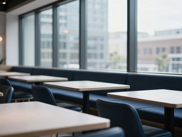 Architectural lines of a modern urban restaurant interior, cool-toned natural window light, clean structured tables, sharp focus, 35mm.