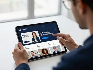 Close-up of a strategist planning an influencer campaign on a tablet screen, clean modern environment, cool-toned studio lighting, sharp focus, 35mm.