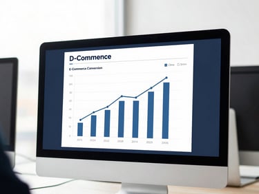 Crisp corporate photography of a digital strategist analyzing e-commerce conversion graphs on a high-end desktop monitor, cool natural window light, deep navy and clean white tones, sharp focus, 35mm.