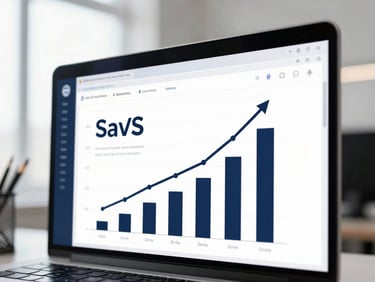 Close-up of a clean analytical dashboard showing upward SaaS growth metrics, bright crisp studio lighting, modern high-end workspace environment, sharp focus, 35mm.