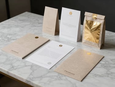 Wide studio shot of a completed premium brand identity system — stationery, packaging, and printed collateral arranged flat on a white marble surface under crisp studio strobes, champagne gold foil details catching the light, right side of frame, minimal shadow
