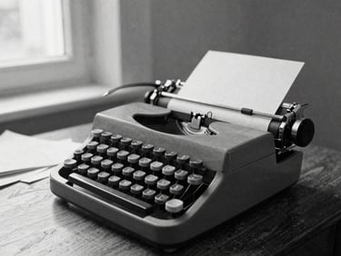 Classic black and white photojournalism, natural grain, retro newspaper print aesthetic, a vintage typewriter on a dark wooden desk with scattered paper, soft window light, 35mm