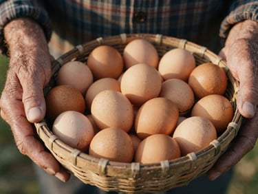 Close-up of weathered hands of an elderly farmer holding a rustic woven basket filled with textured brown eggshells, warm golden hour sunlight, 35mm film.
