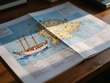 Close-up of technical trade documents and maritime charts on a wooden desk under focused light.
