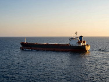 A cargo vessel navigating calm deep ocean waters at golden hour, wide environmental shot.