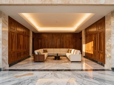 Immaculate finished interior of a Saudi villa salon, polished marble floors, custom wood paneling, elegant warm lighting