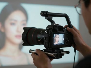 Cinematic close-up of hands holding a camera rig, capturing a soft-lit beauty scene, digital projections in the background