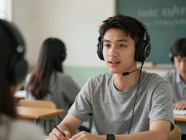 Student wearing headphones speaking confidently during an interactive language session.