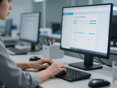 Young adult typing on a sleek computer setup in a modern lab environment.