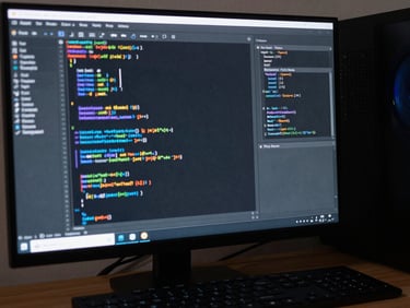 Modern computer setup with code and design tools visible on screen
