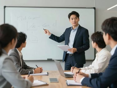 Young professional presenting a project to colleagues in a meeting room.