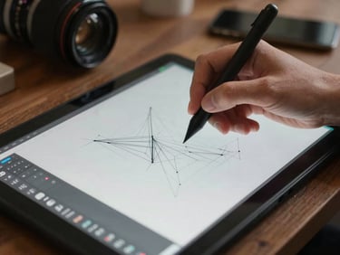 Graphic designer working with a stylus tablet and digital vector graphics on screen