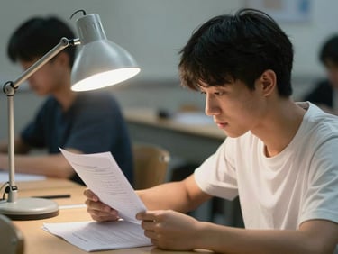 Focused student reviewing test sheets under bright desk lamp lighting.