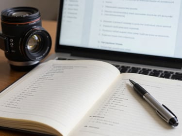 Open notebook with exams and a pen next to a computer screen showing test questions