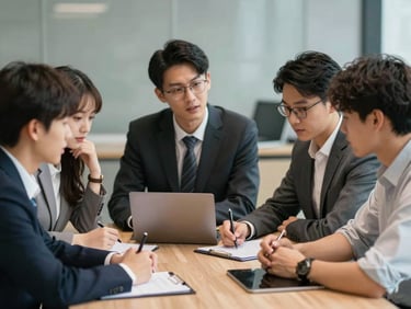 A group of young professionals collaborating actively around a meeting table