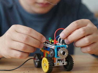 Close-up of a child's hands assembling a small colorful robot with wires and gears