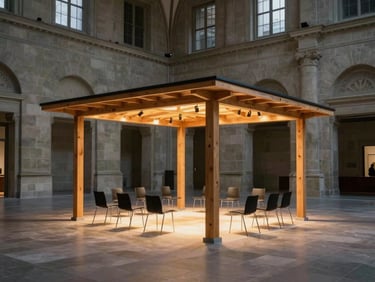 An expansive interior of a historic stone hall in Zurich, containing a modern freestanding timber pavilion, illuminated by warm golden spotlights, filled with empty minimalist black chairs.