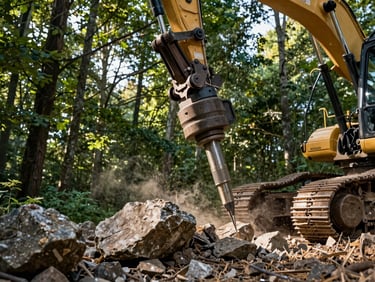 Large hydraulic hammer attachment on an excavator breaking rock, low-angle heroic shot, crisp morning daylight, deep forest green and earth tones, sharp details.