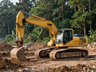 Heavy excavator precisely grading a construction site at dawn, crisp morning daylight, deep forest green and earth tones, sharp details.
