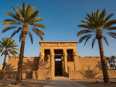 Low angle shot of the ancient mud-brick ruins of the Temple of the Oracle in Siwa Oasis, framed by lush green palm trees against a brilliant blue sky, warm desert textures.