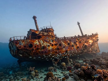 Vast atmospheric shot of the historic SS Thistlegorm shipwreck resting on the seabed, encrusted with corals, schools of glassfish swimming through the rusted hull.