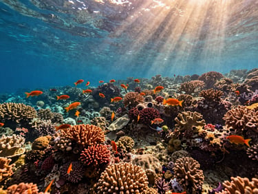 Vibrant coral gardens in the deep blue waters of Ras Mohammed, natural light rays filtering down from the surface, school of orange fish swimming past.