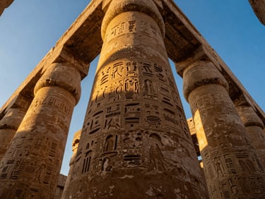 Close-up of detailed hieroglyphs carved into a warm sandstone column at Karnak Temple, low-angle dramatic golden light highlighting the stone texture.