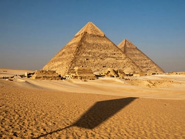 The majestic Step Pyramid of Sakkara rising from the desert sand under a harsh midday sun, casting a sharp geometric shadow, wide environmental shot.