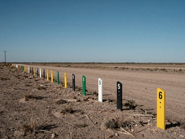 Perimeter walk shot along the south edge of a northern Mexico terrain parcel, natural daylight, boundary markers in foreground, flat open land extending to the horizon, utility infrastructure pole visible at the far corner, no people, clear blue sky