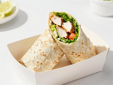 Bright daylight shot of a chicken caesar wrap sliced in half, tightly rolled in a flour tortilla inside a labeled box.