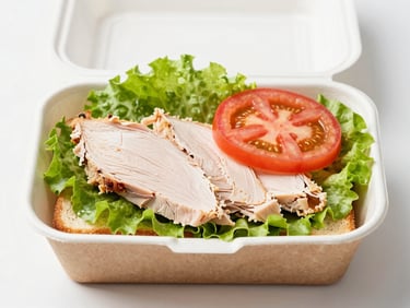 Top-down close-up of a turkey breast sandwich in a clean cardboard lunch box, vibrant green lettuce, ripe tomato slice.