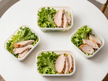 Overhead flatlay photography of three neatly arranged corporate boxed lunches on a clean white table, bright morning daylight, vibrant green lettuce and fresh turkey visible.