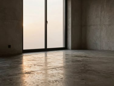 Soft ambient interior glow reflecting off a polished concrete floor, warm tones, minimal architectural detail.