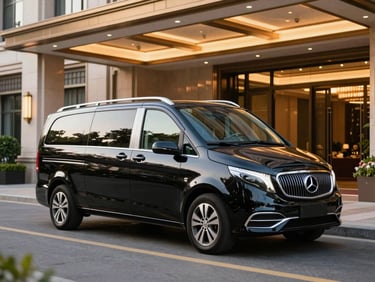 Premium multi-passenger luxury van parked outside a high-end hotel lobby, warm evening lighting
