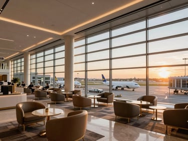 Wide-angle view of a luxury airport lounge with sleek modern architecture, large windows showing airplanes on the tarmac at sunset, golden hour light.
