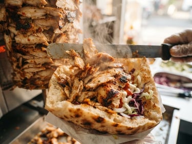 Macro close-up of steaming, freshly shaved chicken döner meat being packed into a warm, soft gobit bread, golden-brown crispy edges, natural window light, professional food photography, shallow depth of field