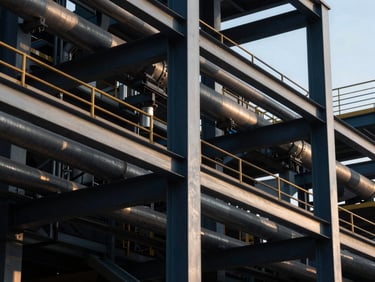 Abstract close-up of modern industrial steel infrastructure and energy pipelines in cool morning light, deep navy tones, sharp focus