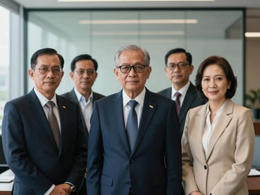 A professional portrait of senior Indonesian law partners in sharp corporate attire, modern executive boardroom background with soft architectural glass lines, cool morning light, shallow depth of field, 35mm