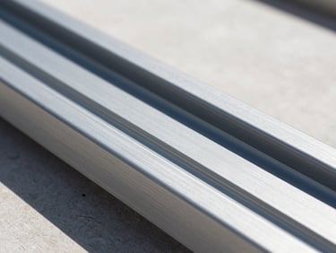 Close-up of newly applied high-resistance electrostatic powder coating on a metal frame, crisp clean lines, cool metallic tones, bright daylight.